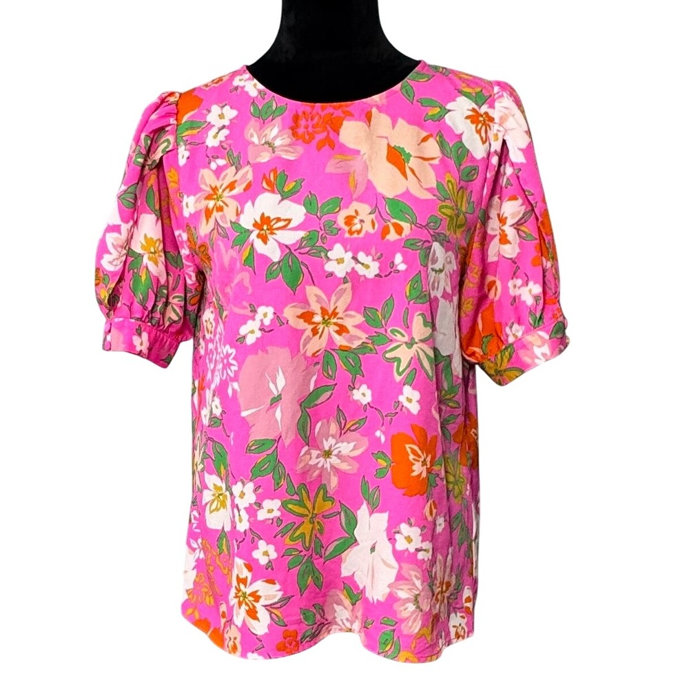 Jodifl Womens Small Pink Floral Puff Sleeve Blouse Keyhole Back Boutique Top